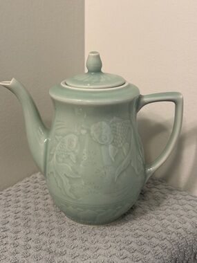 Longquan Celedon Vintage Pale Green Goldfish Koi Teapot